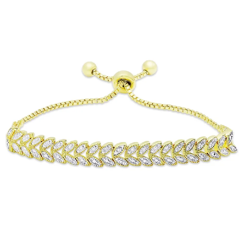 Bead charm bangles-Finesque Gold Overlay Diamond Accent Leaf Design Adjustable Slider Bracelet