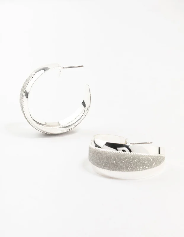 Astro charm earrings-Silver Wide Pointed Glitter Hoop Earrings