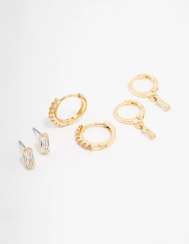 Woven thread earrings-Gold Plated Brass Baguette Stud & Huggie Earring 3-Pack