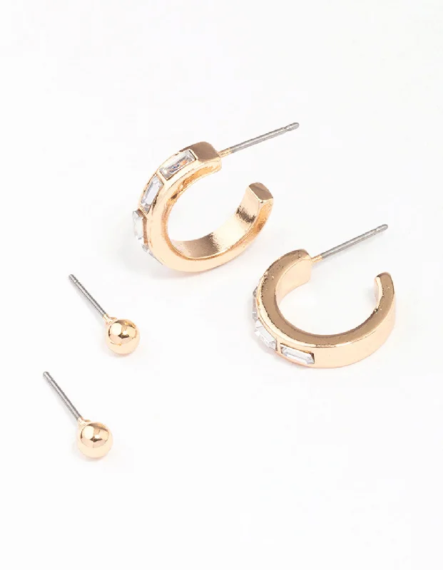 Spinel earrings-Gold Rectangular Diamante Hoop & Stud Earring Pack