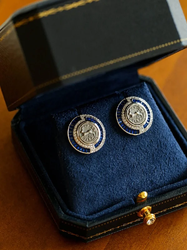 Curved design earrings-Ancient Greek Retro Blue 925 Silver Coin Stud Earrings-Type J