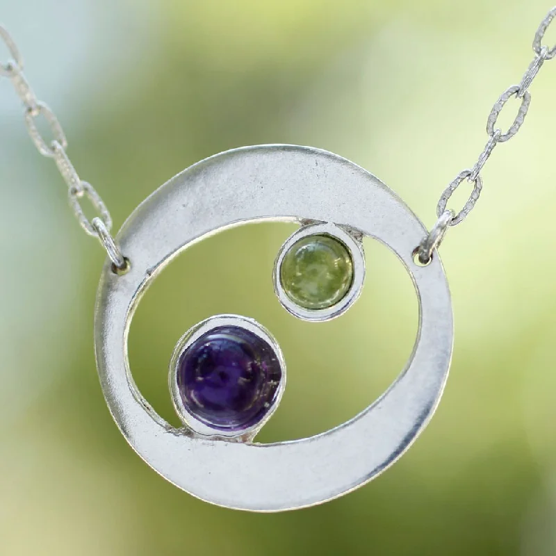 Chunky gem necklaces-Handmade Sterling Silver 'Drifters' Amethyst Peridot Necklace (Mexico)