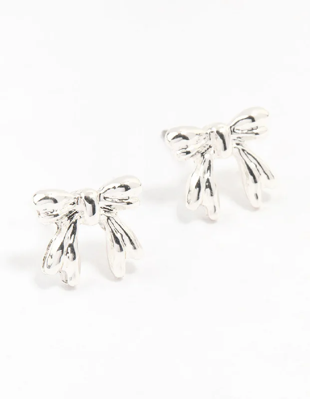 Tiny wing earrings-Silver Bow Stud Earrings