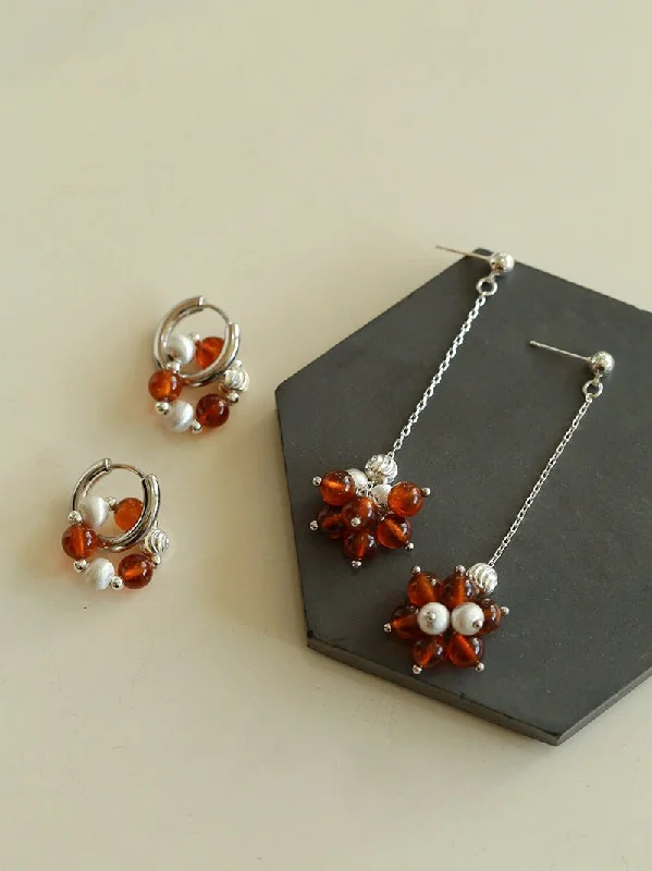 Deco style earrings-Orange Red Garnet Silver Hoops Earrings Long Drop Earrings