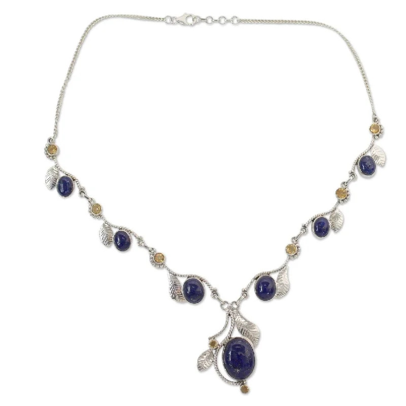 Onyx stone necklaces-NOVICA Dew Blossom, Lapis lazuli and citrine Y-necklace