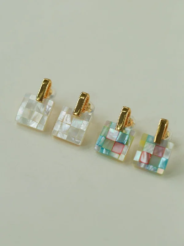 Rough texture earrings-Patchwork Mother-of-Pearl Checkerboard Earrings