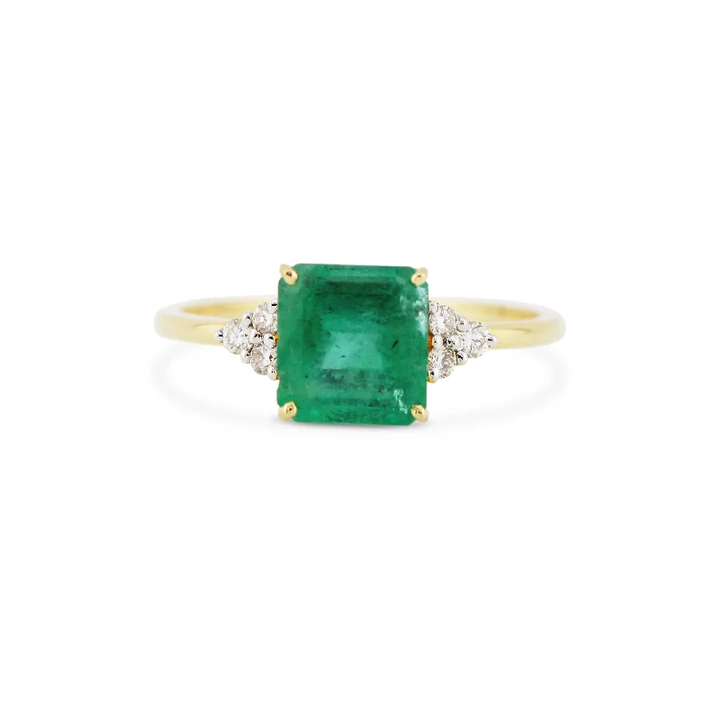 Emerald Square & Diamond Round Ring In 18K Yellow Gold