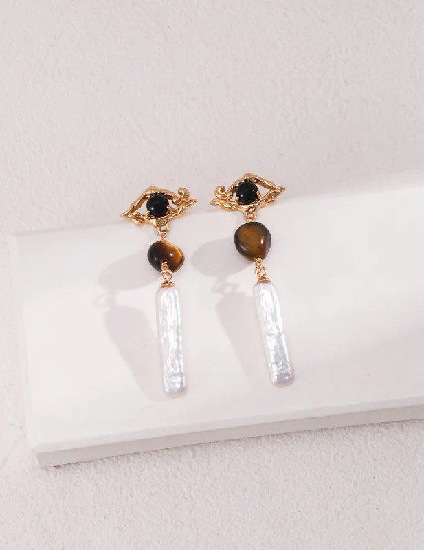 Solid ring earrings-Tiger Eye Stone Long Baroque Pearl Earrings