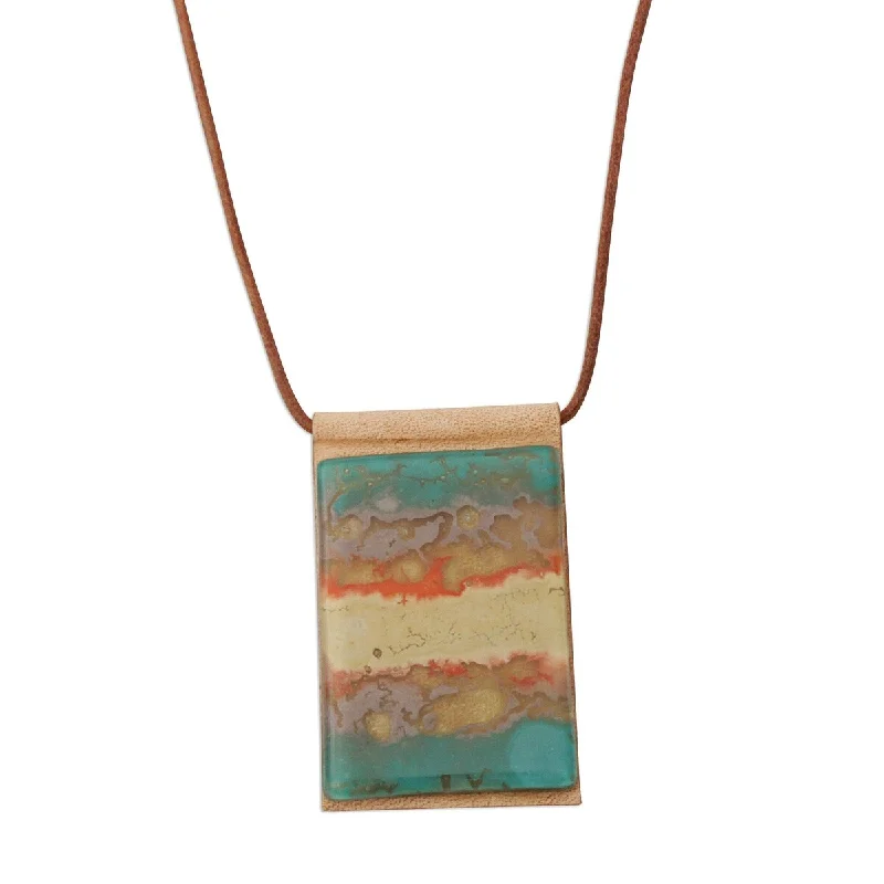 Cedar wood necklaces-NOVICA Seaside, Glass and leather pendant necklace