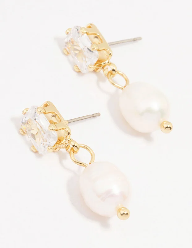 Morganite stud earrings-Gold Plated Emerald-Cut Crystal & Pearl Drop Earrings