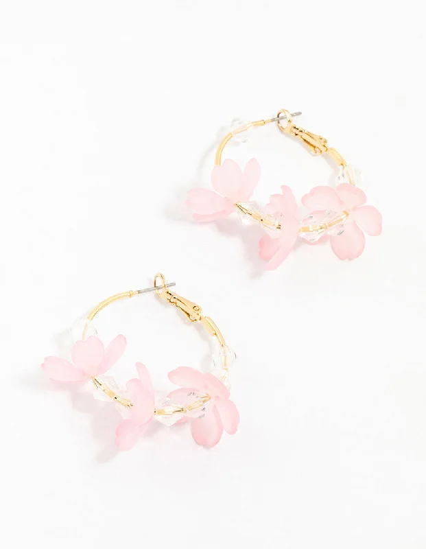 Bright stud earrings-Pink Diamante Beaded Flower Hoop Earrings