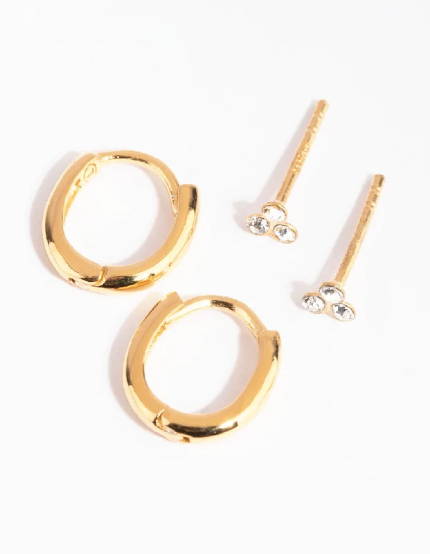 Thick hoop earrings-Gold Plated Sterling Silver Ball Stud & Huggie Earring Set