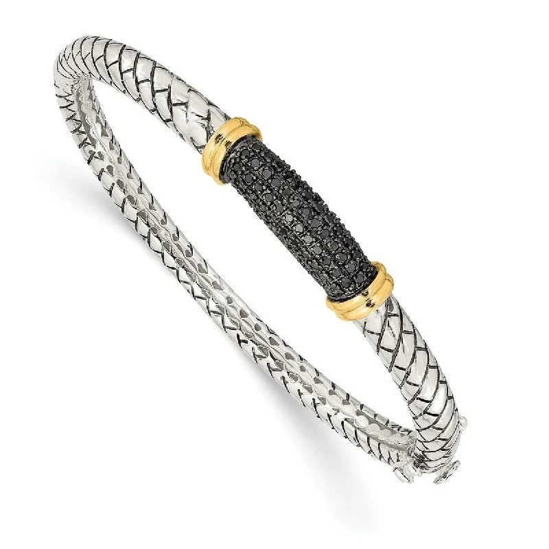 Pinch clasp bangles-Curata 925 Sterling Silver Textured Polished With 14k Black Diamond Cuff Stackable Bangle Bracelet