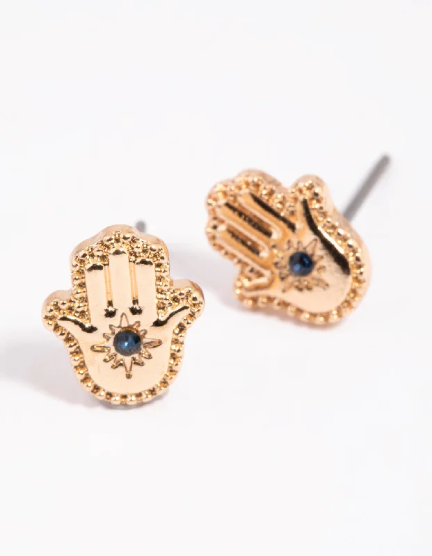 Alloy metal earrings-Gold Hamsa Hand Stud Earrings