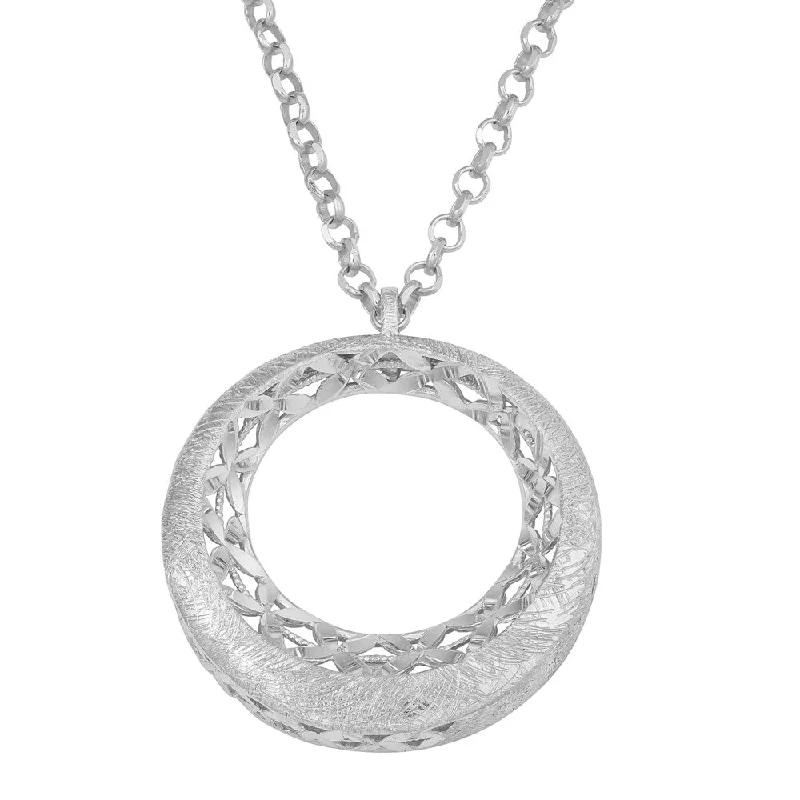 Surf wave necklaces-Fremada Rhodium-plated Sterling Silver Diamond-cut Laser Etched Fancy Crescent Circle Adjustable Necklace