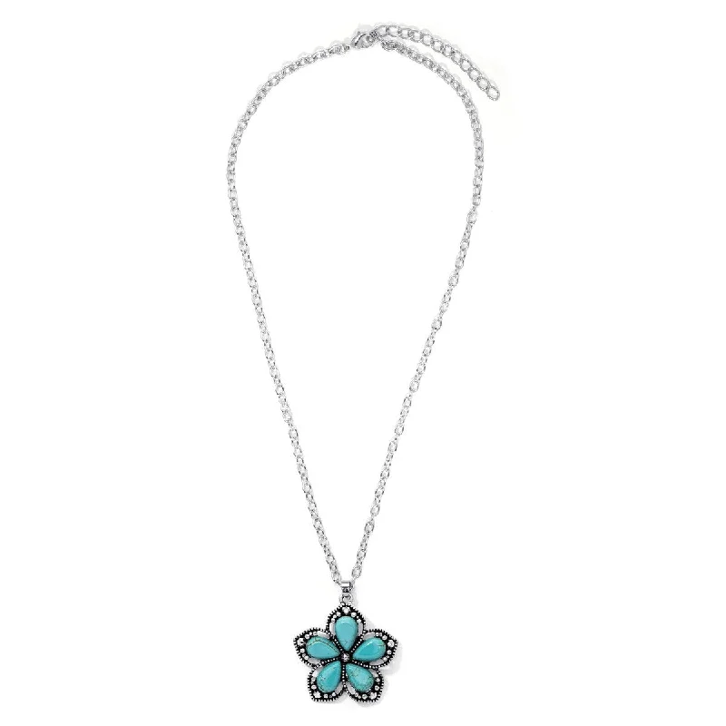 Chunky gem necklaces-Silver Plated Simulated Turquoise Flower Pendant Necklace