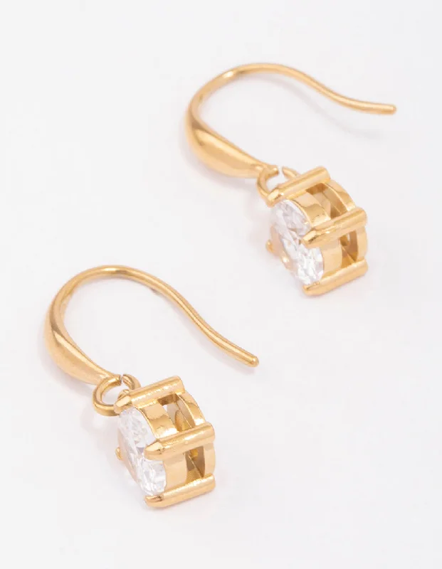 Smooth stud earrings-Waterproof Gold Plated Stainless Steel Cubic Zirconia Solitaire French Hook Earrings