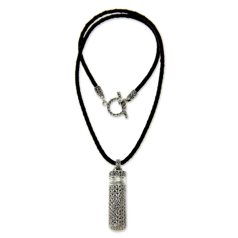 Topaz necklaces-Handmade Sterling Silver Men's 'Heart of Courage' Leather Necklace (Indonesia)