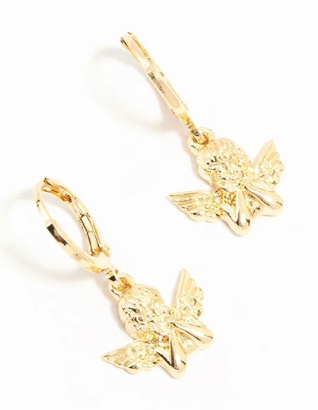 Tiny heart earrings-Gold Plated Cherub Huggie Earrings