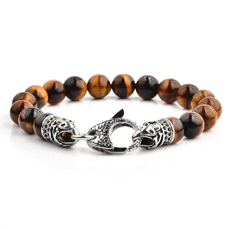 Retro deco bangles-Men's Antiqued Stainless Steel Polished Tiger's Eye Beaded Bracelet (10mm) - 8.5"