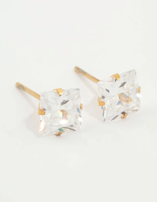 Tiered drop earrings-Waterproof Gold Plated Stainless Steel Princess Cut Cubic Zirconia Stud Earrings