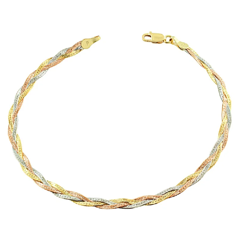 Wide cuff bangles-Fremada 10k Tricolor Gold Braided Herringbone Bracelet (7.5-inch)