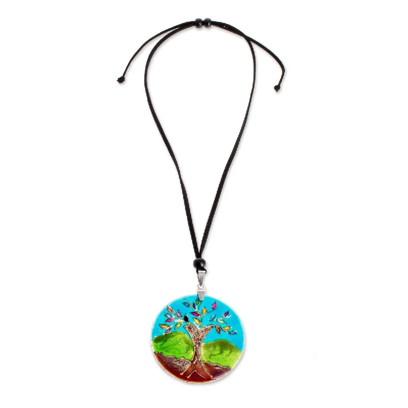 Slanted design necklaces-NOVICA Tree of Life at Night, Glass pendant necklace