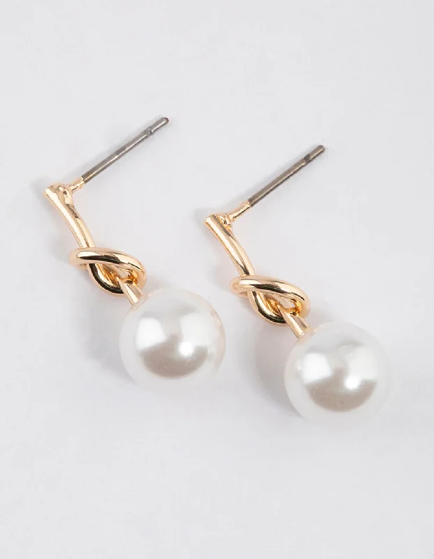 Curved design earrings-Gold Small Pearly Knotted Drop Earrings