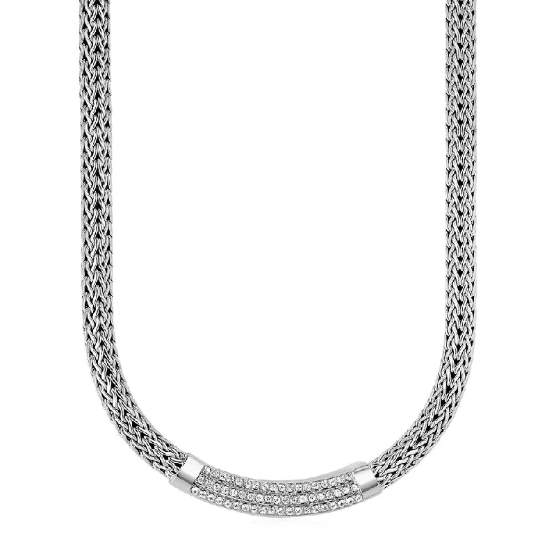 Rope weave necklaces-Wide Woven Rope Necklace with White Sapphire Accents in Sterling Silver