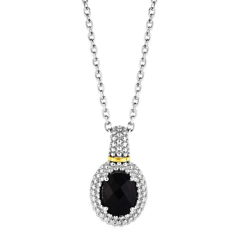 Stretch cord necklaces-Necklace with Oval Onyx Pendant in Sterling Silver and 18k Yellow Gold