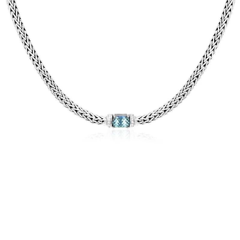 Haze glass necklaces-Sterling Silver Woven Chain Necklace with Blue Topaz and White Sapphires