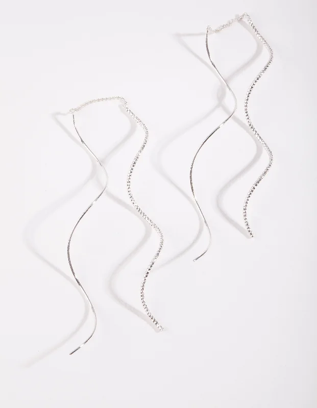 Curved design earrings-Silver Double Wave Thread Through Earrings