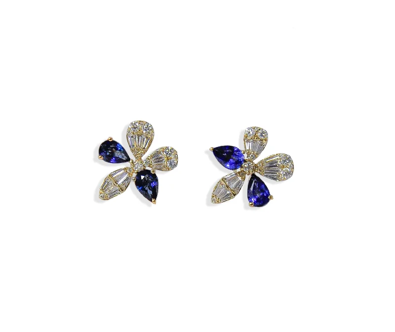 Bold cuff earrings-Sapphire and Diamond Floral Studs