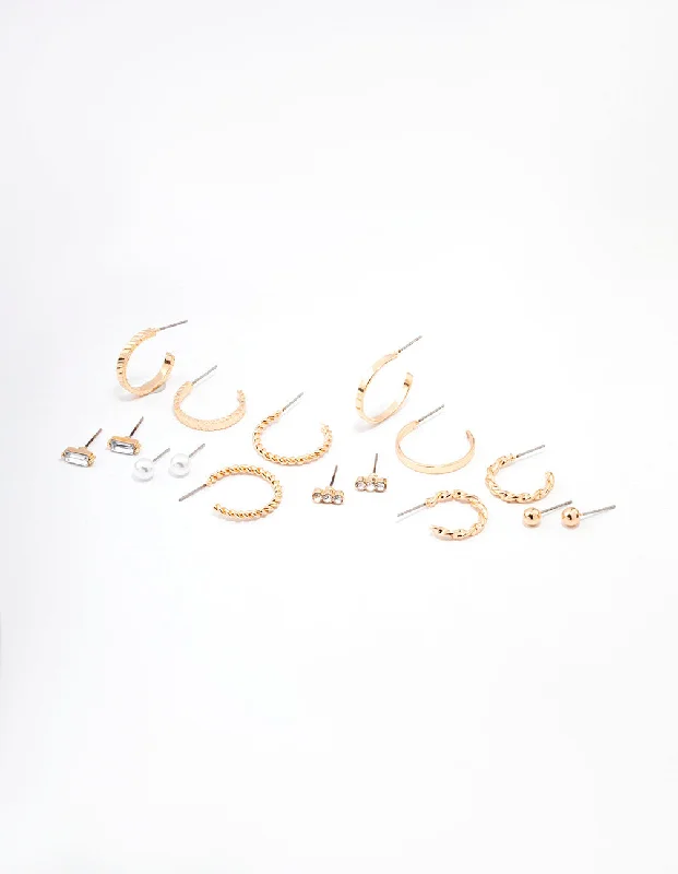 Bamboo style earrings-Gold Diamante & Pearl Hoop Earring 8-Pack