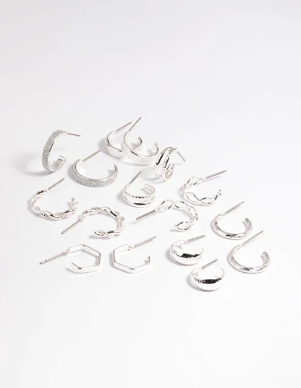 Tiny wing earrings-Silver Textured Glitter Hoop Earring 8-Pack