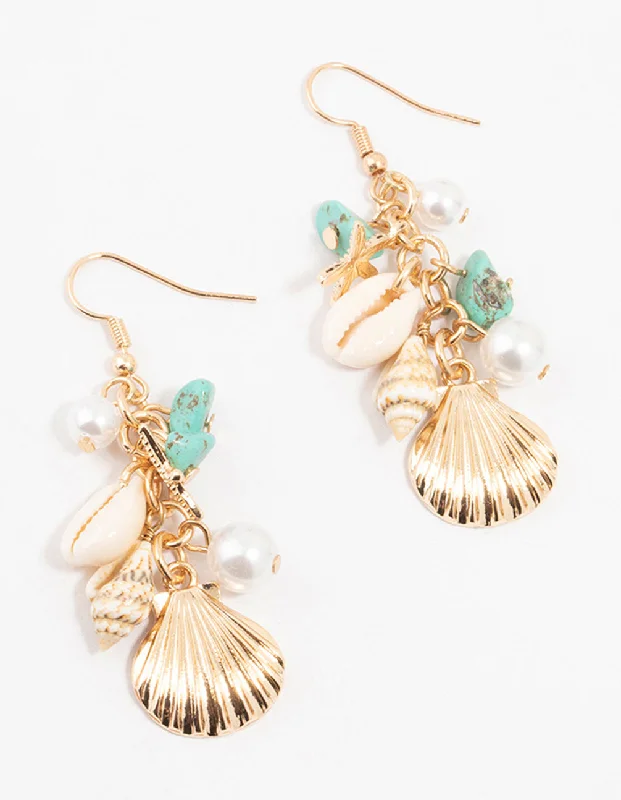 Trekker braid earrings-Gold Shell, Pearl & Blue Stone Drop Earrings