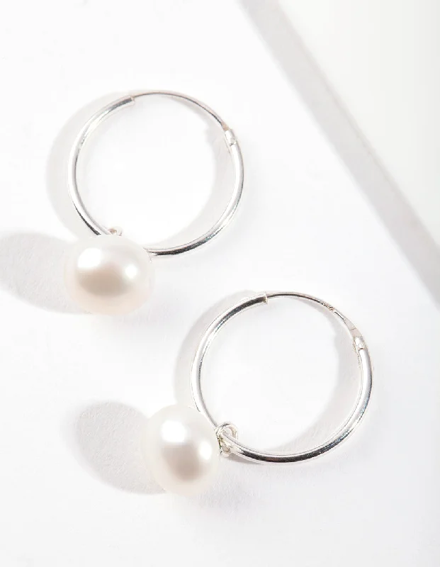 Twine bead earrings-Sterling Silver Freshwater Pearl Hoop Earrings