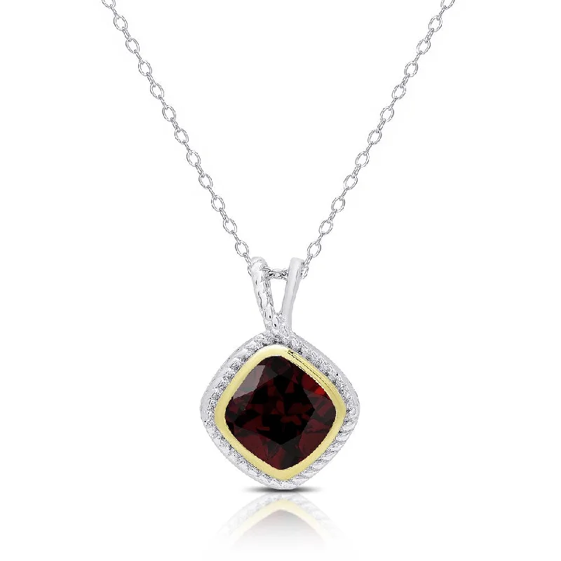 Amethyst drop necklaces-Dolce Giavonna Sterling Silver Cushion-Cut Garnet Necklace