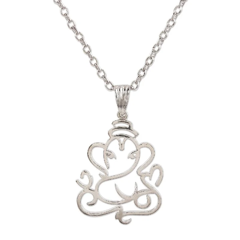 Engraved monogram necklaces-NOVICA Pensive Ganesha, Sterling silver pendant necklace