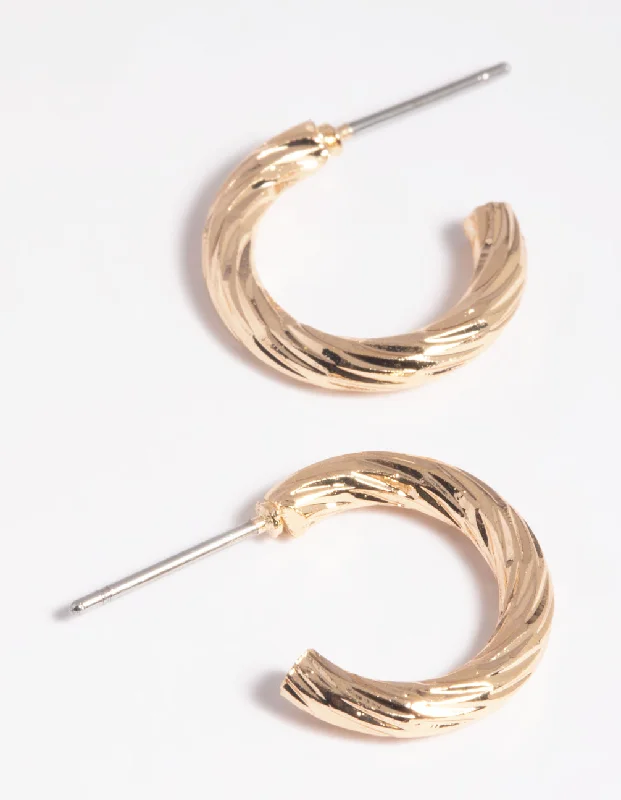 Polished gold earrings-Gold Twisted Huggie Hoop Earrings