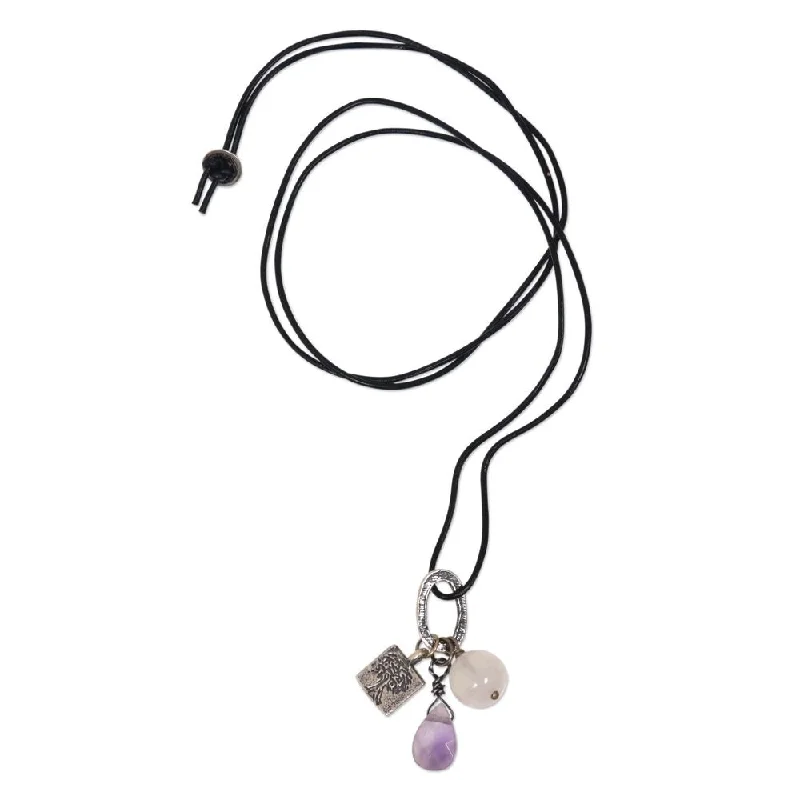 Yarn tassel necklaces-Handmade Rose Quartz, Amethyst and Sterling Silver Charm Necklace, 'Banyan Tree' (Indonesia) - 7'6" x 9'6"