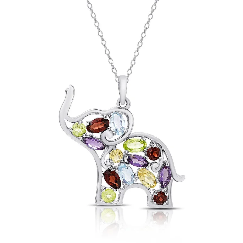 Neat-line necklaces-Dolce Giavonna Sterling Silver Multi Gemstone Elephant Necklace