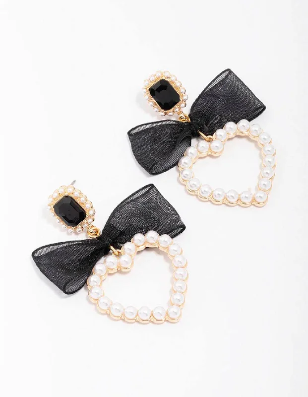 Wide hoop earrings-Gold Pearl Bow Heart Drop Earrings