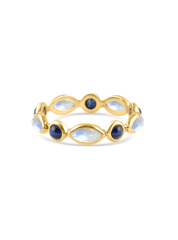 Rainbow Moonstone Marquise & Blue Sapphire Round In 18K Yellow Gold