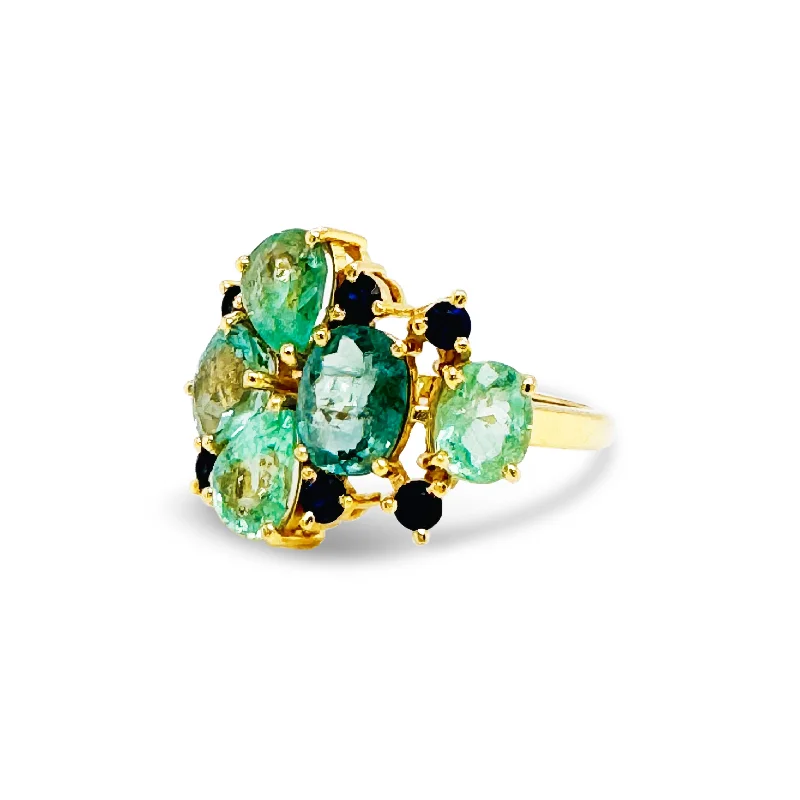 Paraiba Tourmaline Mix Shape & Blue Sapphire Rd. Ring In 18K Yellow Gold