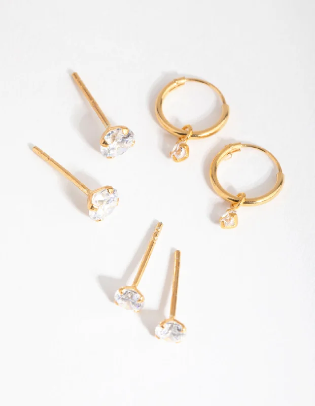 Crystal-twisted earrings-Gold Plated Sterling Silver Cubic Zirconia Stud & Hoop Pack Earring