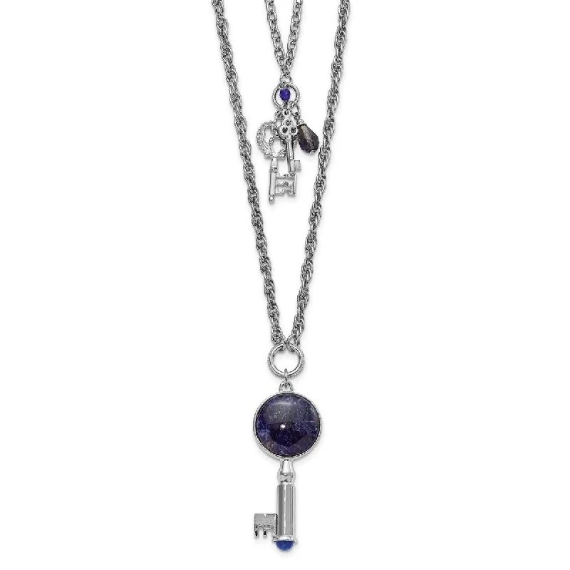 Amethyst drop necklaces-Curata Silver tone Multi strand Fancy Lobster Closure Sodalite and Blue Crystal Key Pendants Necklace Jewelry Gifts for Women