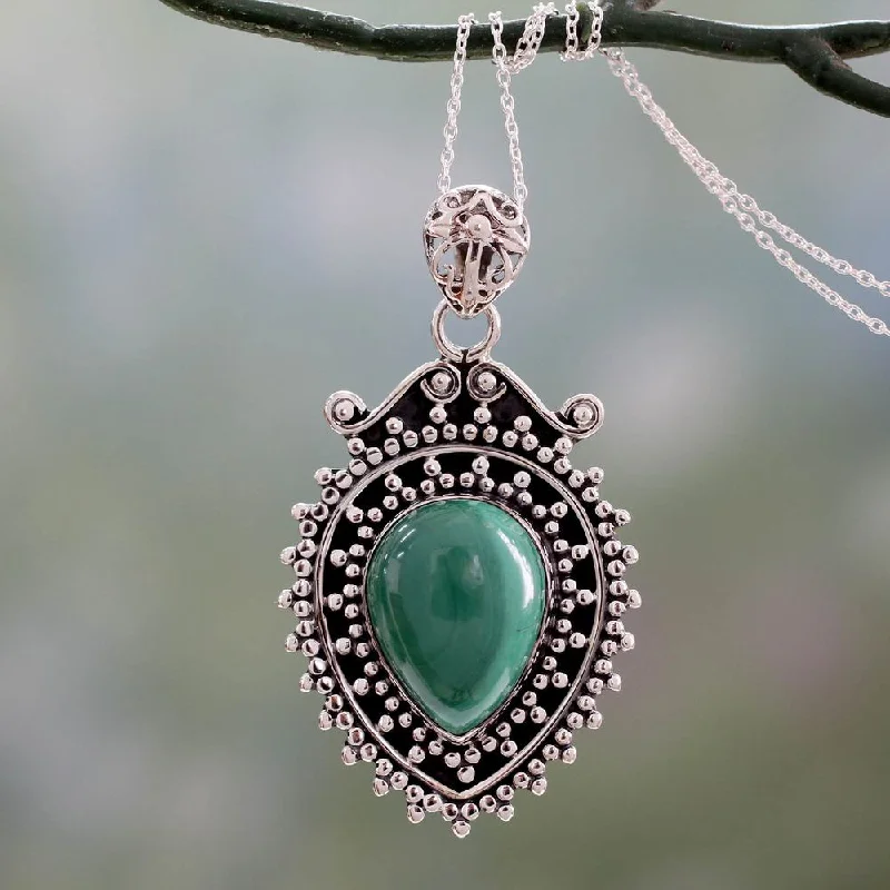 Silk cord necklaces-Handmade Sterling Silver 'Mirror of the Soul' Malachite Necklace (India) - 7'6" x 9'6"