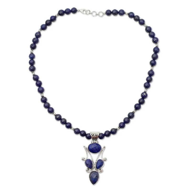 Onyx stone necklaces-Handmade Sterling Silver 'Glorious Blue' Lapis Lazuli Necklace (India) - 7'6" x 9'6"