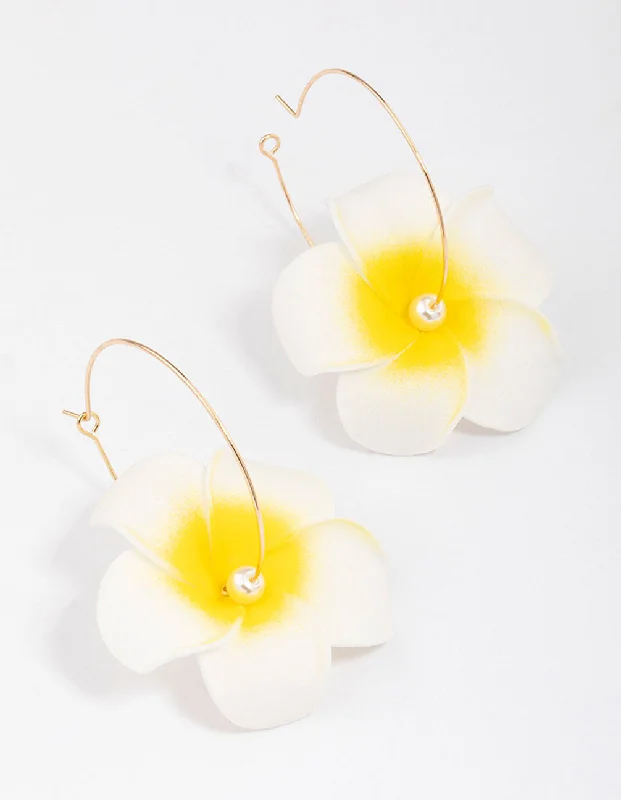 Thin threader earrings-White Frangipani Pearl Hoop Earrings